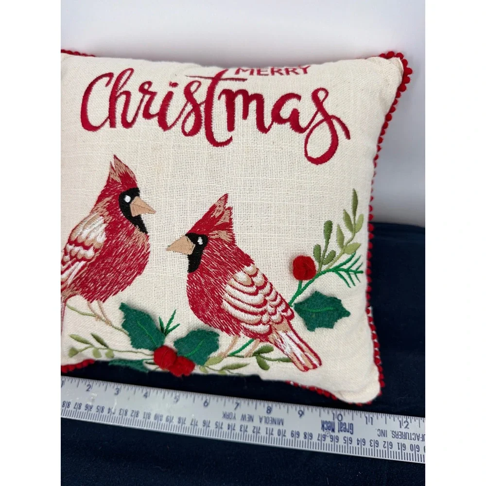 Jingles & Joy Merry Christmas Cardinal Embroidered Throw Pillow Red Pom Pom 11